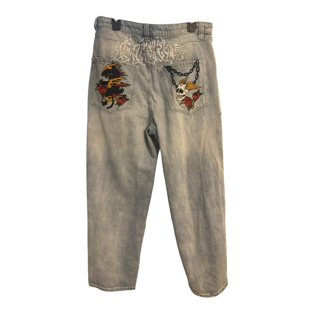 Y2K Men's Light Blue Embroidered Streetwear Stylish Jeans Goth Skeleton Size 34